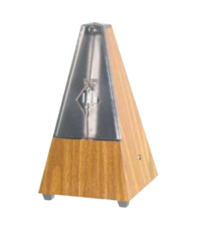 Malzel system metronome. Walnut-grained plastic pyramid case.